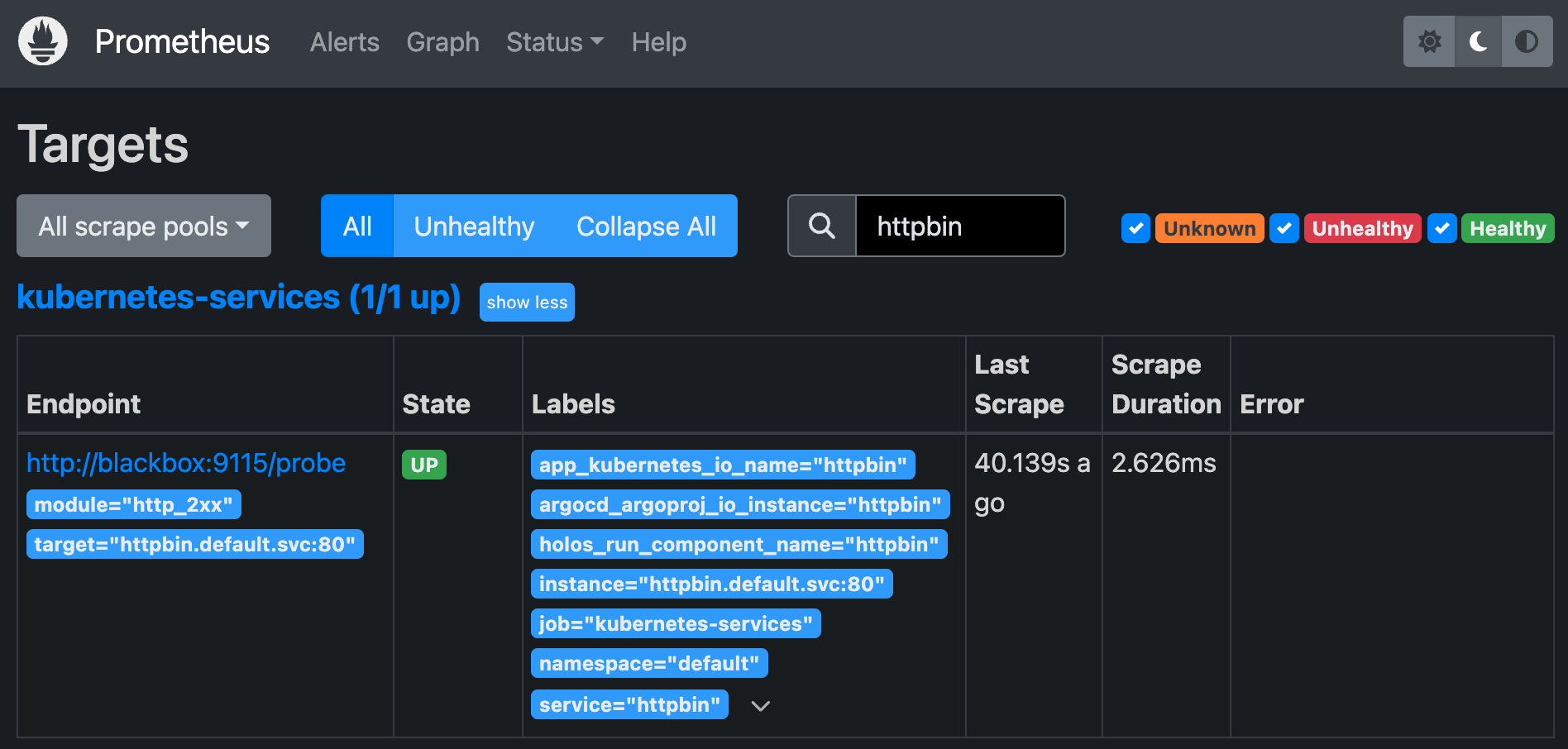 Prometheus httpbin probe is UP